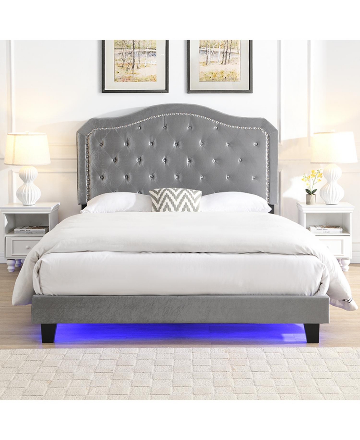 Streamdale Furniture Queen Upholstered Bed with Tufted Curve Design, Led Platform, Strong Wood Slats, Easy Setup - Light Grey Velvet