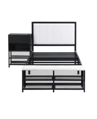 Twin size Metal Platform Bed with Two-Tier Storage Shelves, Wooden Storage Cabinet