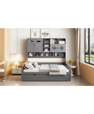 Full Size Wooden Daybed with Twin Size Trundle, and All-in-One Cabinet and Shelf.