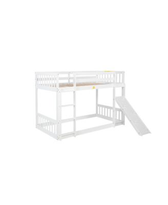 Twin Over Twin Floor Bunk Bed, Playhouse Floor Bunk Bed with Climbing Ramp, Ladder, Safety Guardrails,White