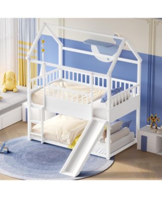 Twin Over Twin Wood Bunk Bed with Convertible Slide, Ladder & Safety Guardrail