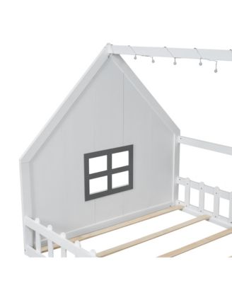 Full Size Wood House Bed with Window and Fence.