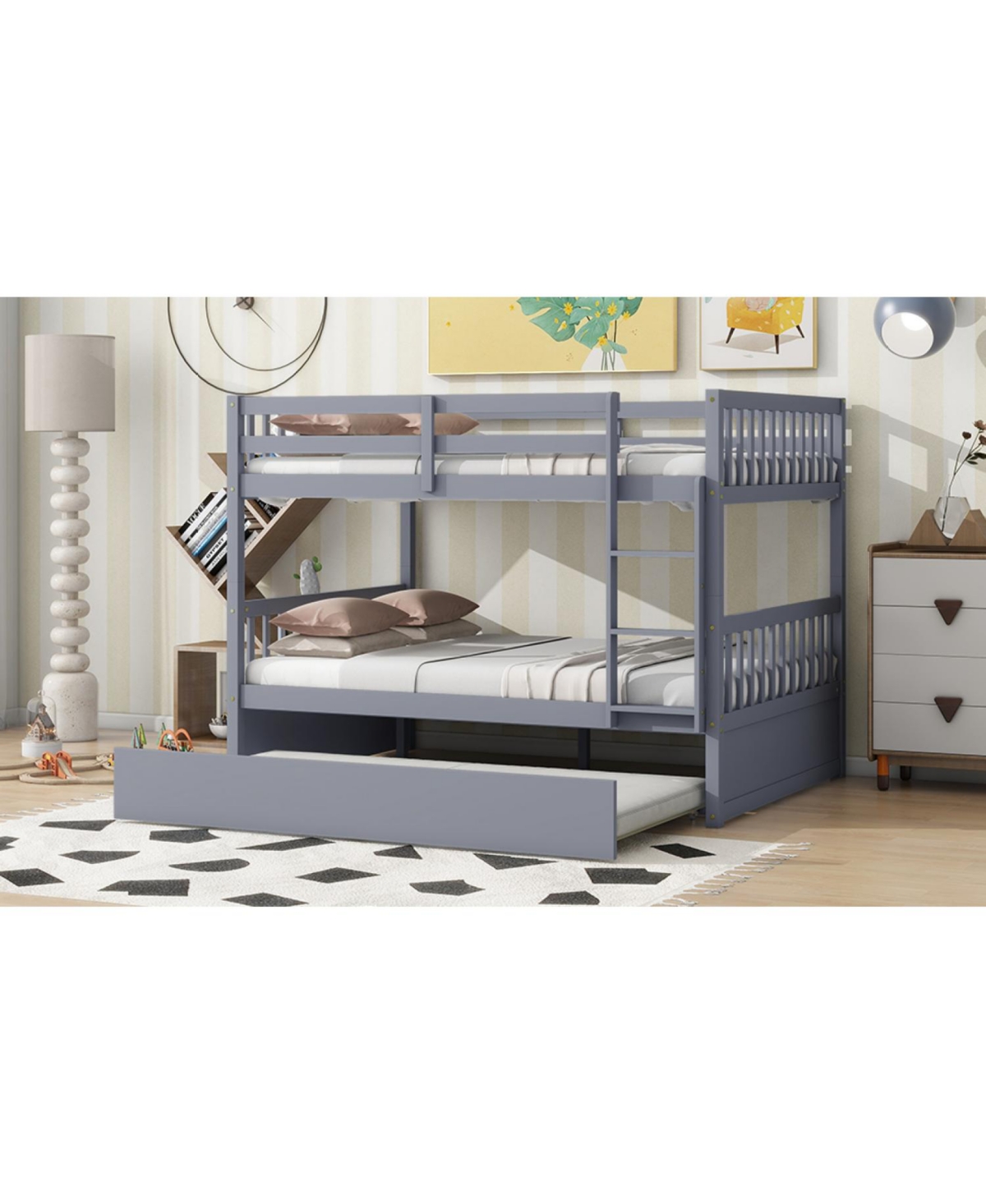 Streamdale Furniture Gray Rubber Wood Bunk Bed with Trundle, Ladder, Guardrails & Convertible to 2 Full Beds