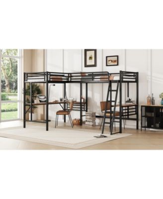 Twin Size Metal Loft Bed with Two Built-in Desks