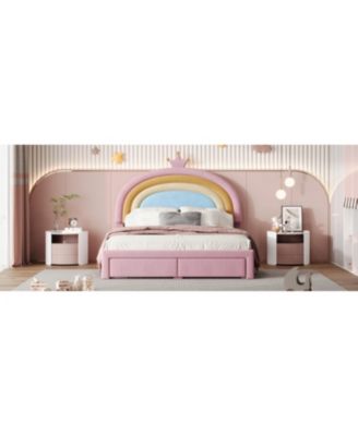 Princess Bed with Storage Drawer, Velvet Rainbow Upholstered Platform Bed