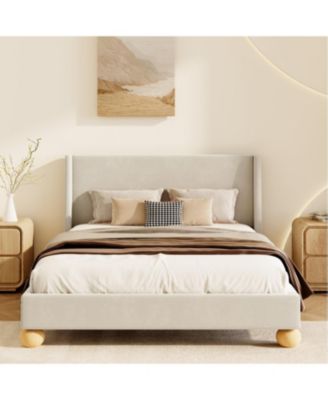 Modern Velvet Upholstered Platform Bed with Wingback Headboard and Round Wooden Legs, Cream,King Size