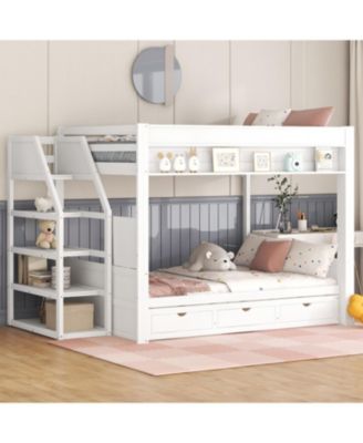 Streamdale Wood Full Size Convertible Bunk Bed with Storage Staircase, Bedside Table, and 3 Drawers, White
