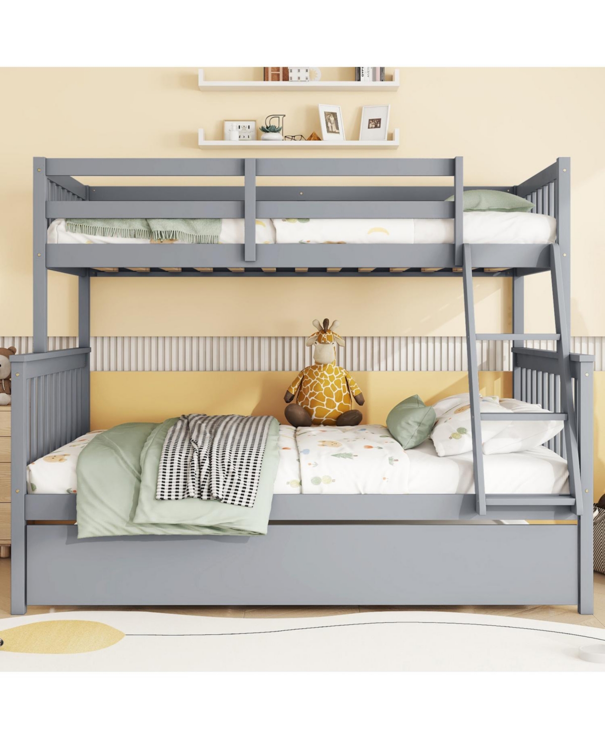 Streamdale Furniture Wood Bunk Bed with Trundle, Ladder, Guardrail, Convertible