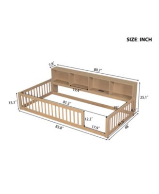  Wood Twin XL Size Floor Bed with Storage Cabinets and USB Ports