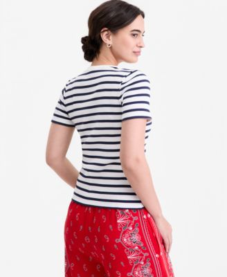 Women's Crochet-Trim Striped T-Shirt