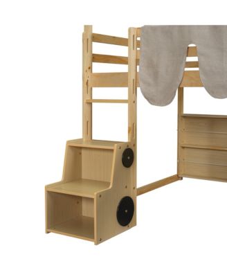 Wooden Loft Bed House-shaped Frame with a Tent