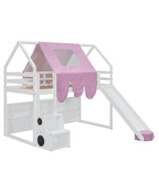 Twin size Wooden Loft Bed House-shaped Frame with a Tent