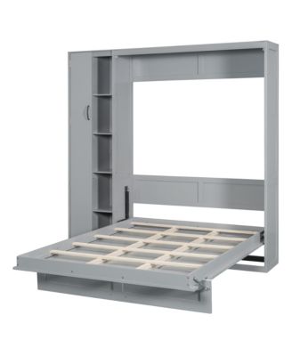  Full Size Murphy Bed Wall Bed with Shelves, Wardrobe and LED Lights