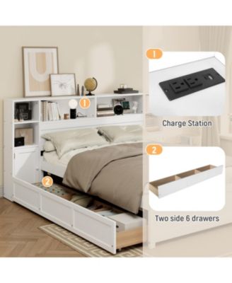 Wood Storage Bed with Bookcase Headboard 6 Drawers Twin