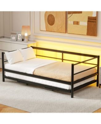 Twin Size Metal Daybed with LED and Adjustable Trundle Pop Up Trundle