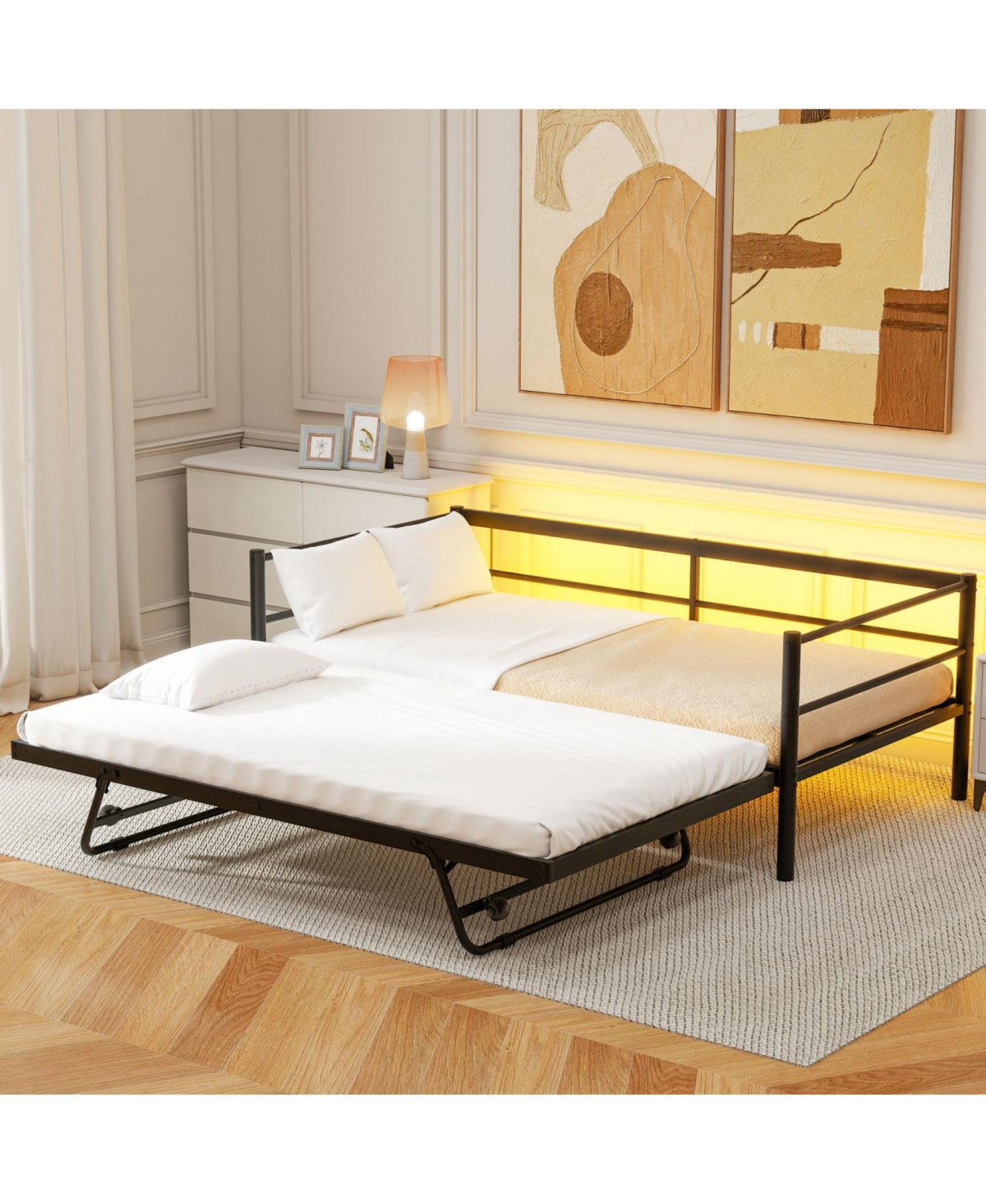 Streamdale Furniture Twin Size Metal Daybed with Led and Adjustable Trundle Pop Up Trundle