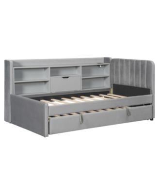 Twin Size Upholstered Daybed with Trundle Storage Shelves USB & Outlet