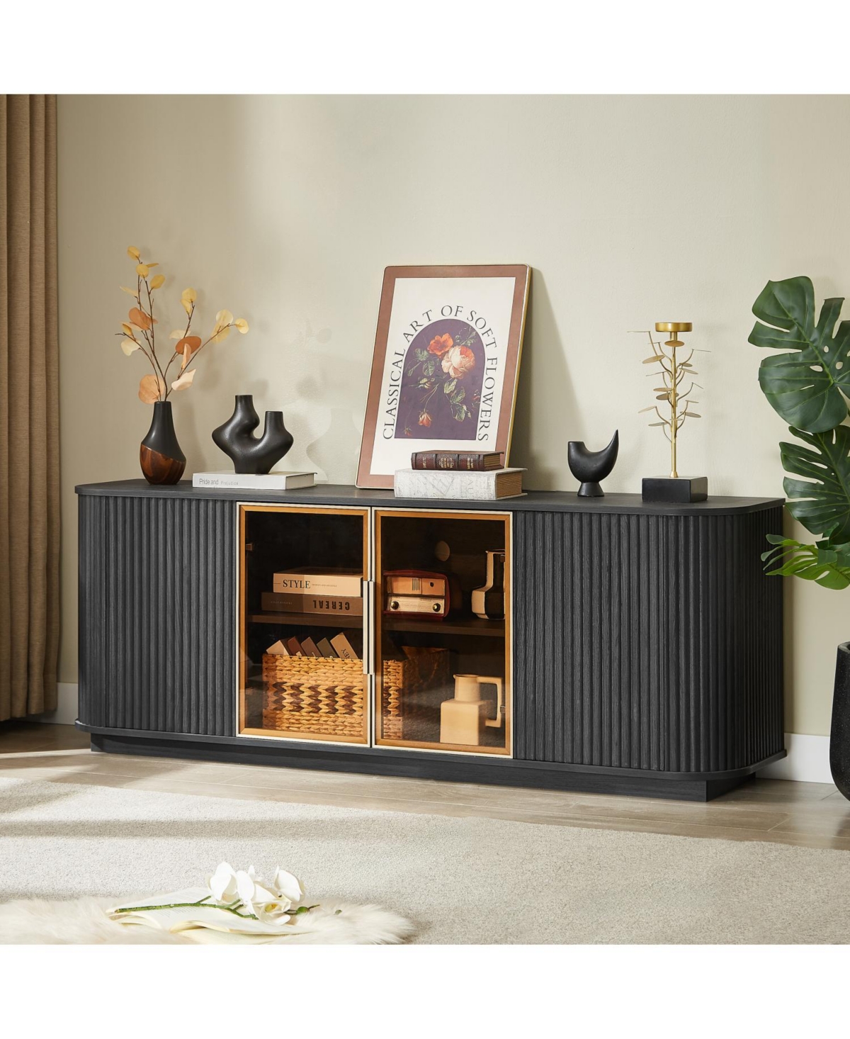 Streamdale Furniture 64" Wavy Tv Cabinet with Tempered Glass Door