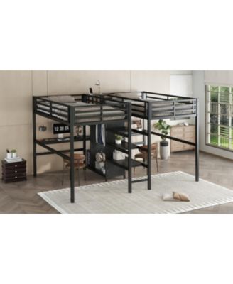 Twin Metal Loft Bed with Desk Wardrobe & Shelves - Black
