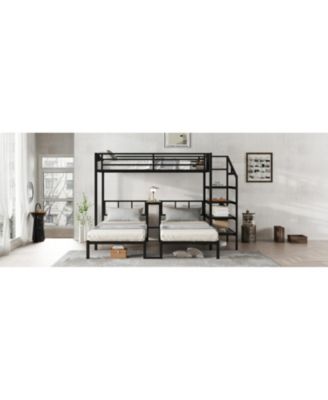 Triple Twin Bunk Bed with Desk & Shelves