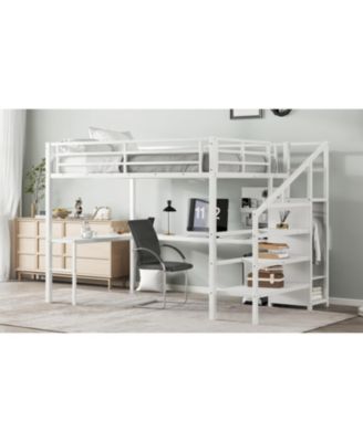 Queen Loft Bed with Desk Wardrobe & LED