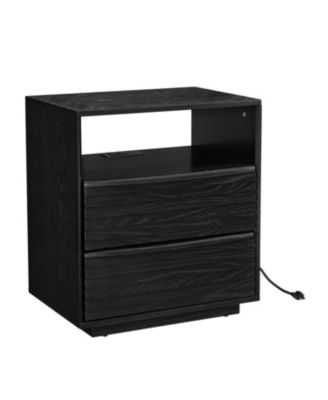 Mid Century Modern Nightstand with Charging Station & Drawers Black