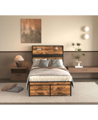 Twin Bed Frame with Storage Black Metal Platform