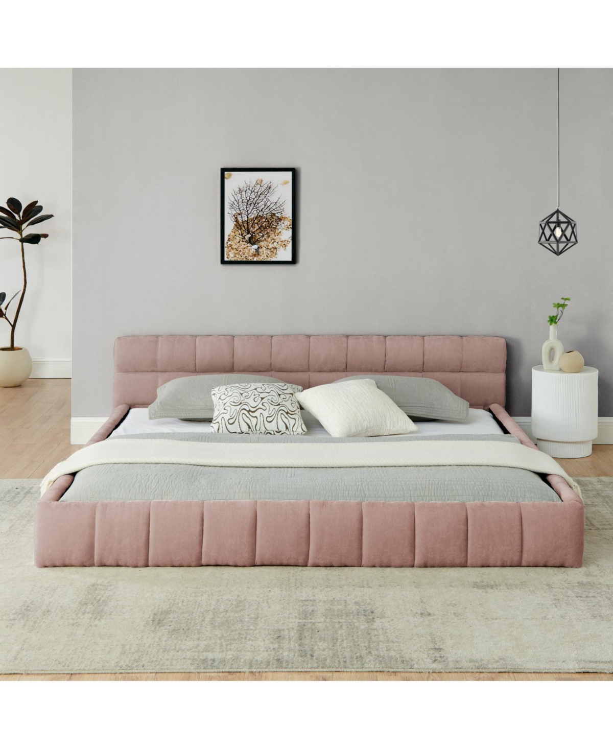 Streamdale Furniture King Upholstered Platform Bed Frame with Headboard - Pink