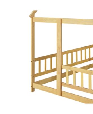 Full Size House Floor Wooden Bed with Roof Frame Safety Guardrails Natural