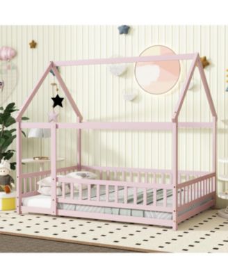 Full Size House Floor Wooden Bed with Roof Frame Safety Guardrails