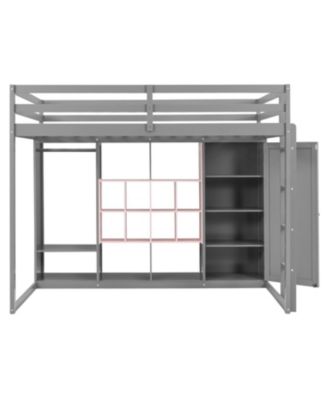 Full Size Wood Loft Bed with Wardrobe, shelves and Cabinet, Gray+Pink