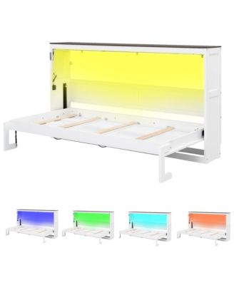 Twin Murphy Bed with LED, Foldable Cabinet, Hidden Wall Bed