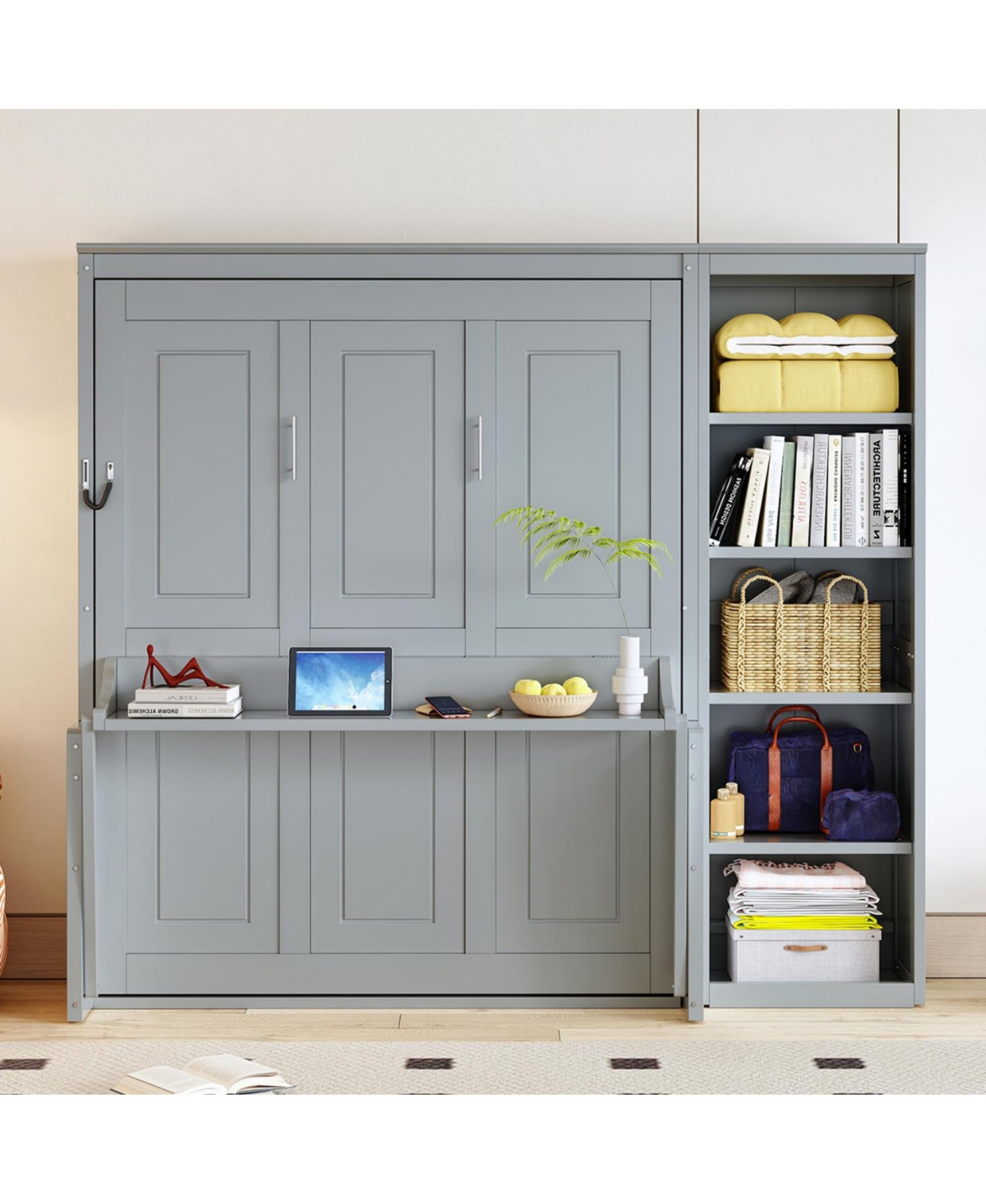 Streamdale Furniture Full Size Murphy Bed with Desk and Bookshelf, Gray