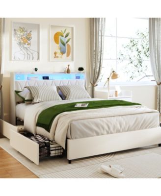 Queen Bed Frame with Outlets, LED, Storage Shelf