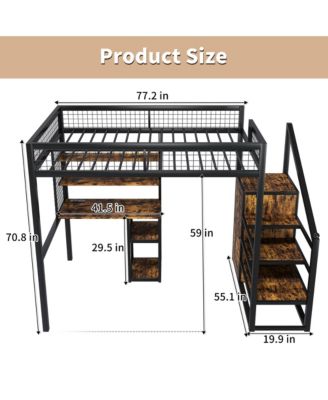 Loft Bed w/Desk & Wardrobe - Metal Frame, Stairs, Storage