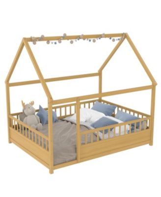  Wooden House Bed with Fence (Full, Natural)