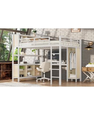 Metal Queen Loft Bed with Wardrobe, Desk & Storage