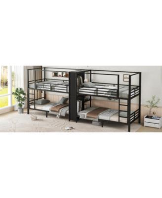 Twin Quad Metal Bunk Bed w/ Storage & Wardrobe - Black