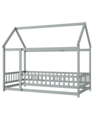 Streamdale Twin Size House Floor Wooden Bed with Roof Frame, Safety Guardrails, Grey