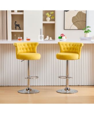 Velvet Bar Stool Set of 2, Adjustable Swivel, Silver Legs