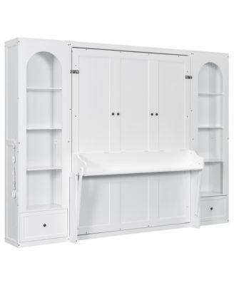 Queen Size Murphy Platform Bed with Shelf, Side Cabinets, Drawers and LED, White