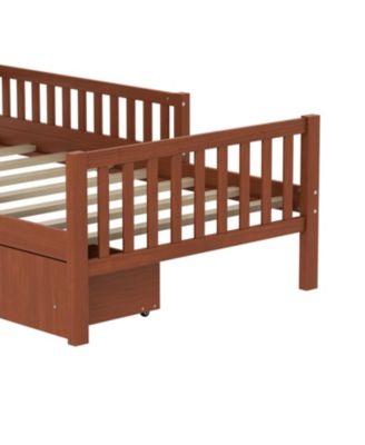 Twin Wood Platform Bed with Guardrails & Storage - Walnut