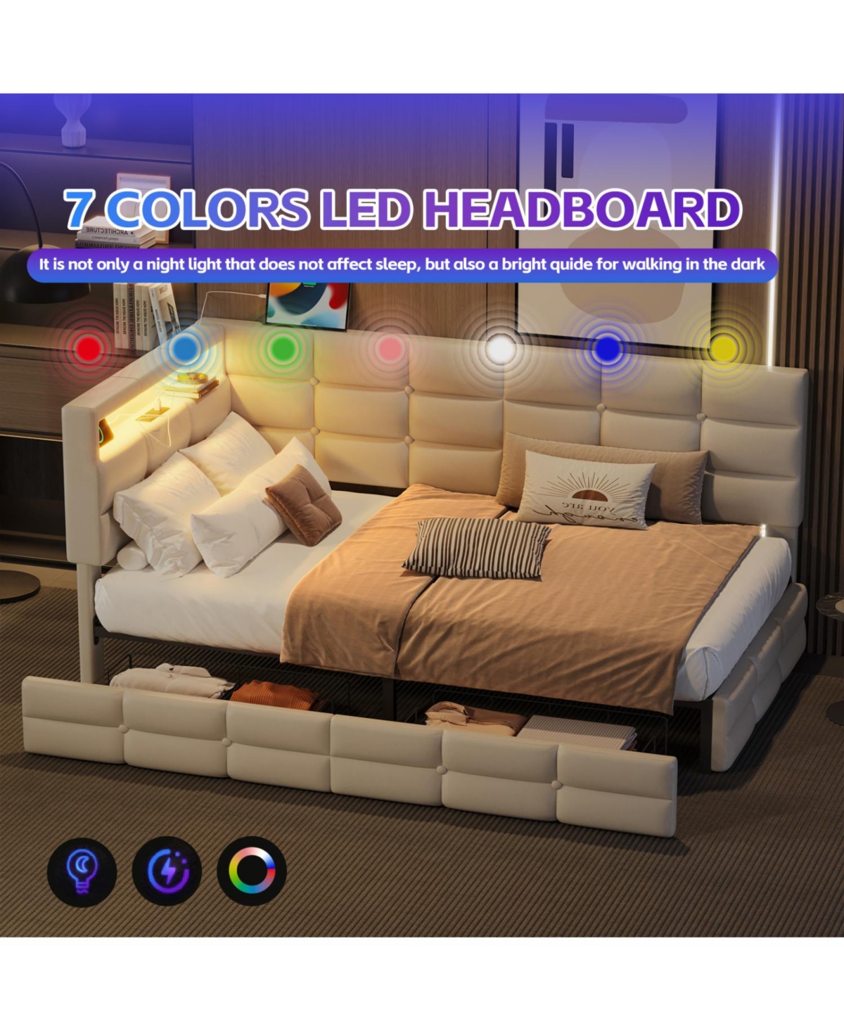 Streamdale Furniture Upholstered Twin Daybed with Storage, Led Lights & Charging