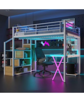Metal Loft Bed with Work Station, Wardrobe & Storage Staircase, White
