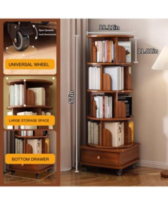 Rotating 5-Tier Corner Bookshelf with Drawer (Walnut)