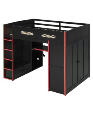 Wood Loft Bed with Desk, Wardrobe, Storage & RGB Light