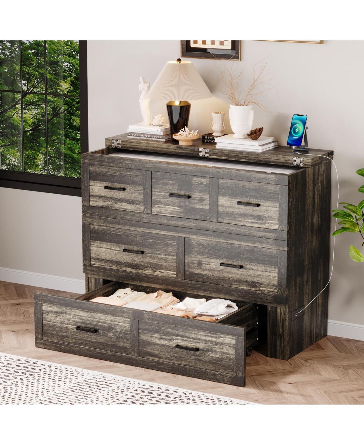 Streamdale Furniture Murphy Bed Cabinet Full Size with Charging Station