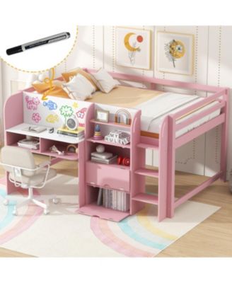Pink Low Loft Bed with Desk, Storage & Whiteboard