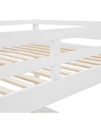 Wood Queen Size Bunk Bed with Ladder and Trundle, White