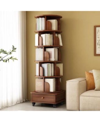 Rotating Bookshelf 360 Corner Bookcase with Wheels, Walnut Brown